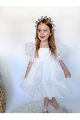 Linola Baby Kids Puffy Şifon Kız Çocuk Parti Elbisesi Ekru