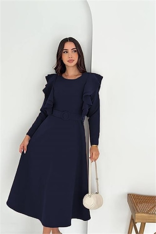 Neşeli Butik Kadın Kol Fırfırlı Kemerli Midi Boy Elbise Nbk4309 Lacivert