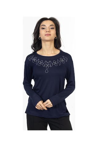 Yeni Model Taş İşlemeli Yuvarlak Yaka Likralı Anne Penye Bluz 6435-lacivert Lacivert
