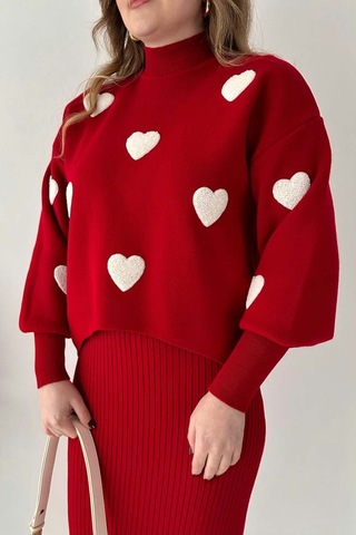 Kırmızı Kalp Kazak Midi Boy Elbise Takım Kırmızı