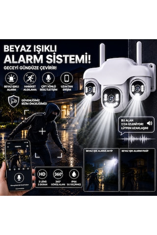 3 Kameralı Ptz Wifi Güvenlik Kamerası 360 Uzaktan Kontrol, Gece Görüş, Hareket Takibi, Çift Yönlü Konuşma, Dış Mekan