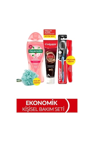 Colgate Diş Macunu 125 ML + Orta Diş Fırçası + Palmolive Aroma Sensations Duş Jeli 500 ML+ Duş Lifi & Fırça Kabı