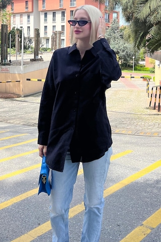 Madmext Siyah Oversize Basic Cepli Poplin Gömlek Mg1530 Siyah