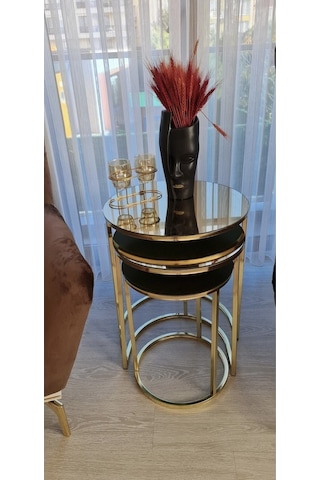 Deepport Liv Aks 3'lü Gold Zigon Sehpa Bronz Aynalı Altın