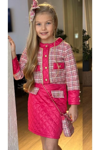 Riccotarz Kız Çocuk Kapitone Ve Altın Şerit Detaylı Şanel Fuşya Etekli Takım Fuşya
