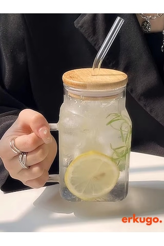 Bambu Kapaklı Pipetli Borosilikat Sunum Bardağı, Kahve Bardağı, Kulplu Bardak 650 Ml Hibiscus