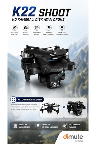 K22 Shoot Hd Kameralı Disk Atan Drone Brushless Motor Katlanabilir