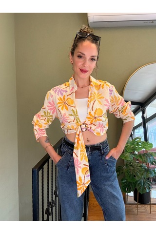 Ali Butik Desenli Önü Açık Crop Keten Gömlek