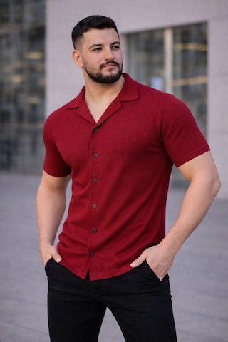 Wear Vexel Erkek Waffle Kumaş Kısa Kollu Düğmeli Açık Yaka Regular Fit Gömlek - Kırmızı Çok Renkli