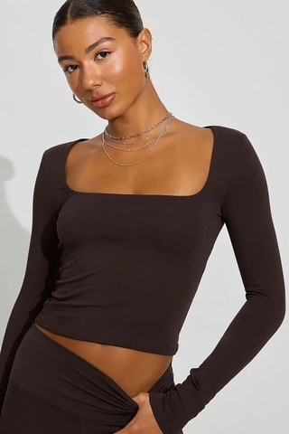 Seeh Kahverengi Kare Yaka Uzun Kollu Kadın Body Sh206