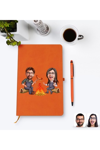 Kişiye Özel Sevgililer Karikatürlü Turuncu Termo Deri Defter Kale N11.2263