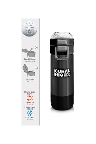 Coral High Kids Koyu Gri Siyah Desenli Pipetli Ve Direkt İçim Çelik Termos 500 Ml 31824 Siyah