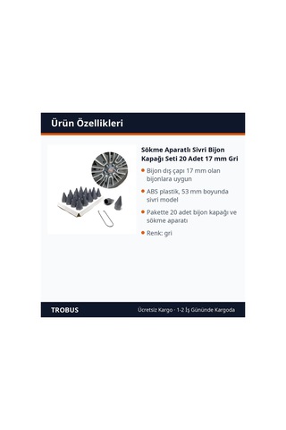 Trobus Sökme Aparatlı Sivri Bijon Kapağı Seti 20 Adet 17 Mm Gri