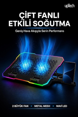Uptech Rgb Laptop Soğutucu 2 Fanlı Ayarlanabilir Standlı Notebook Soğutucu