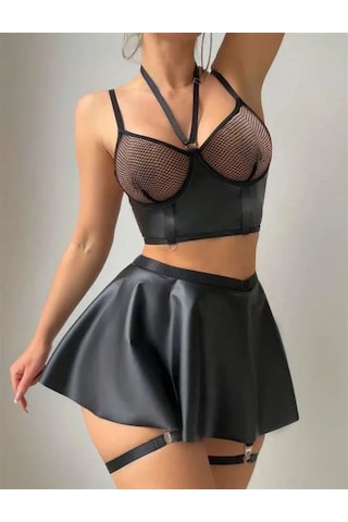 Angbutik Kadın Siyah Etekli Pileli Jartiyer Görünümlü Fileli Deri Elbise Takımı