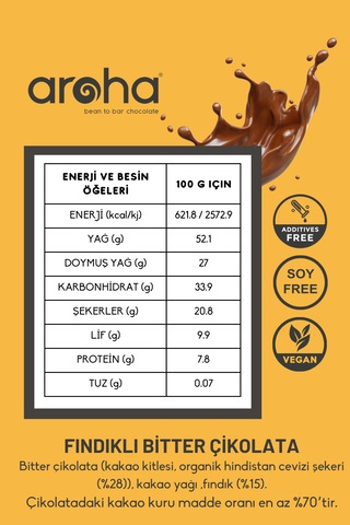%70 Kakao Fındıklı Bitter Çikolata Hindistan Cevizi Şekerli 40g