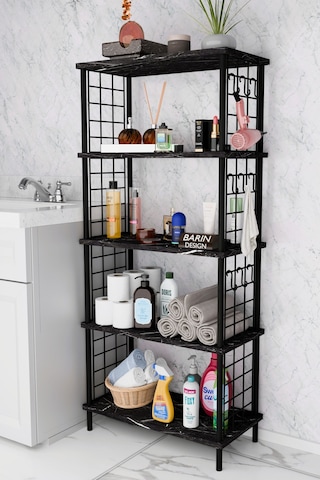 5 Raflı Çevir-kur Raf Ünitesi Telli Metal Gövdeli Organizer Banyo, Mutfak, Balkon, Antre Uyumlu Siyah Mermer