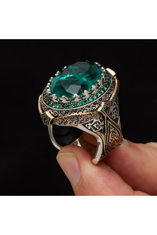 Yeşil Paraiba Taşlı Zorbey 925 Gümüş Erkek Yüzük
