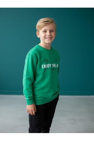 Zekids Erkek Çocuk Yumuşak Dokulu Enjoy The Life Yazılı Eşofman Takım-16615 Yeşil