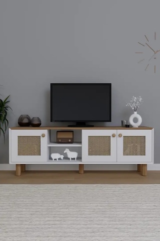 Bohem Serisi Garden Meşe - Beyaz Pvc Hasır Desen Tv Ünitesi Açık Ceviz & Beyaz
