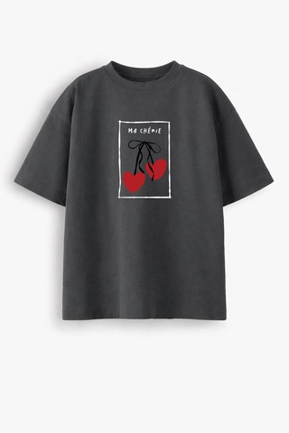 Kadın Premium Kumaş Antrasit Baskılı Oversize T-shirt Antrasit