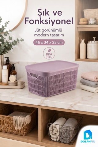 Jute Kapaklı Saklama Kutusu 26 L Plastik Mutfak Kiler Dolap İçi Organizer 46x34x23 Cm Mor