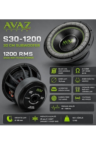 30 Cm 1200 Rms 2400 W Bas Subwoofer Avaz S30-1200
