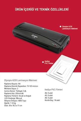 Olympia A230 A4 Pvc Laminasyon Makinesi + 40 PVC Filmi