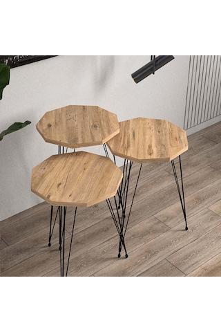 Çam Siyah Metal Ayaklı Çam Detaylı 3lü Çokgen Zigon Sehpa