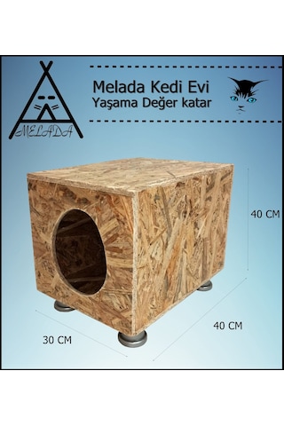 Melada Kedi Evi Dış Ortam Uygun Ahşap Kedi Evi Osb Plastik Ayak 40x40x30 Cm