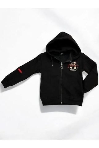 Erkek Çocuk 3 İplik Şardonlu Kapüşonlu Hırka-14842 Siyah