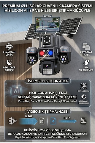 4 Kameralı, 4g Sim Kartlı, Yıllık 180gb Turkcell İnternet Ve 128gb Sd Kart Dahil, Çakarlı, Sirenli 2 Solar Panel