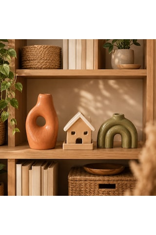 Momiko 3 Lü Modern Bohem Dekoratif Obje Ve Vazo Seti Ev, Kemer Ve Delikli Form Terracota-bej-yeşil