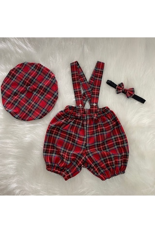 Eylülce Butik Kırmızı Ekoseli Çocuk Askılı Şort Salopet & Ressam Şapkası & Papyon Takım-