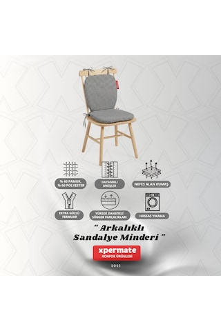 Pötikare Sırtlıklı Sandalye Minderi 42x42 Fermuarlı Yıkanabilir Kılıf Bağcıklı Minder Standart Fit Siyah