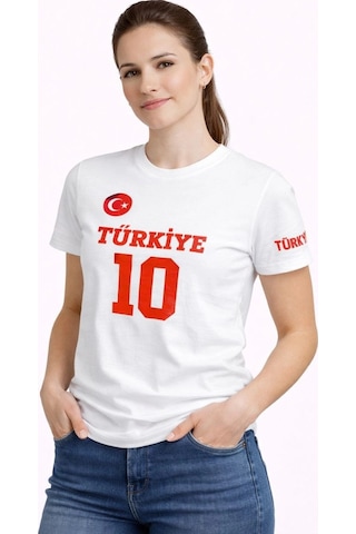 Wear Vexel Kadın Türkiye Ay Yıldız Baskılı 10 Numara Forma Tişört Taraftar T-shirt - Beyaz Beyaz