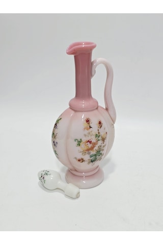 Çiçek Desenli El Yapımı Pembe Opalin Sürahi 35,5cm