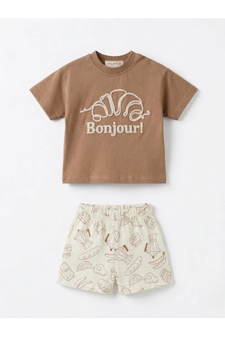 Baby Lory Kids Store Bonjour İşlemeli Bebek Takım Kahverengi - Krem