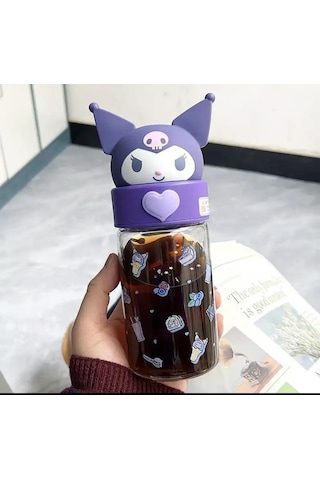 Kuromi Tasarımlı Kapaklı Cam Kupa -1544