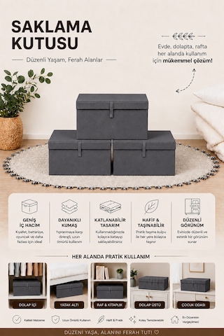5'li Mini Boy Hurç - Çok Amaçlı Organizer Kapaklı Saklama Kutusu 40x30x26cm Antrasit