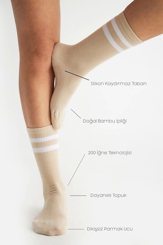 Bambu Kadın Krem Kaydırmaz Taban Silikon Baskı Yoga Fitness Pilates Bale Dans Tenis Çorabı Çok Renkli