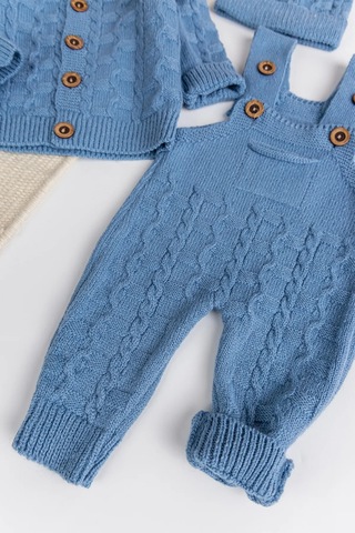 Triko Hırkalı 3'lü Ayarlanabilir Askılı Örgü Erkek Bebek Salopet Tulum Takım Set mavi