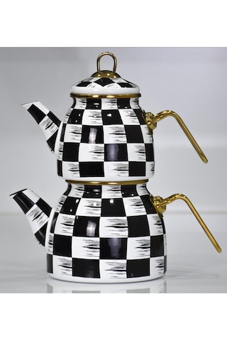 Dama Desenli Emaye Çaydanlık Takımı - Demlik Seti Siyah - Beyaz - Gold