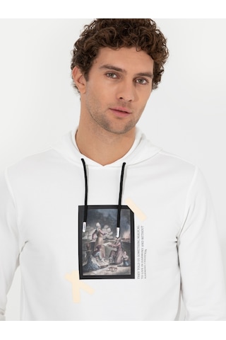 Beyaz Pamuk Karışımlı Kapüşonlu Baskılı Sweatshirt