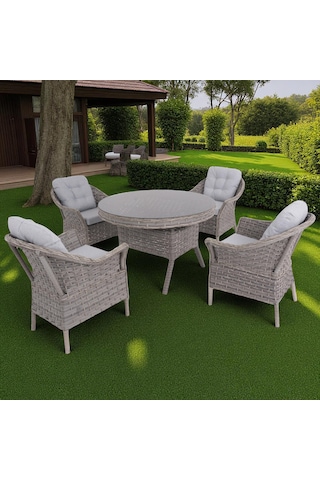 Spark Nova 110 Cm Rattan Yuvarlak Minderli Bahçe Masa Takımı Gri