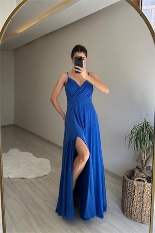 Neşeli Butik Kadın Işıltılı Askılı Yırtmaç Detayı Şifon Abiye Elbise Nm002 Mavi
