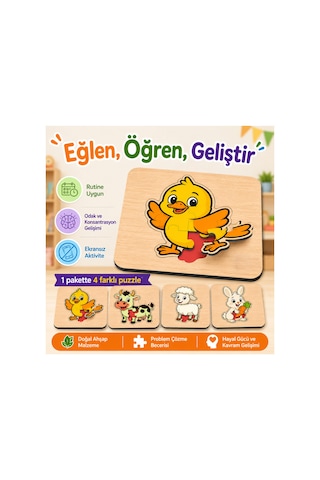 Montessori Ahşap Puzzle Seti Duyusal Gelişim - 4 Farklı Puzzle & 28 Parça - Görsel Tamamlama & Zeka Geliştirici - Ahşap Mdf - 3 Yaş Ve Üzeri - Kutulu Eğitici Oyun - Kare Bulmaca