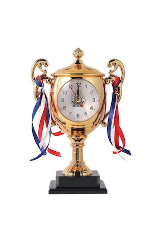 Dekoratif Hediyelik Ödül Kupası Masa Saati Çalar Saat 21cm Gold