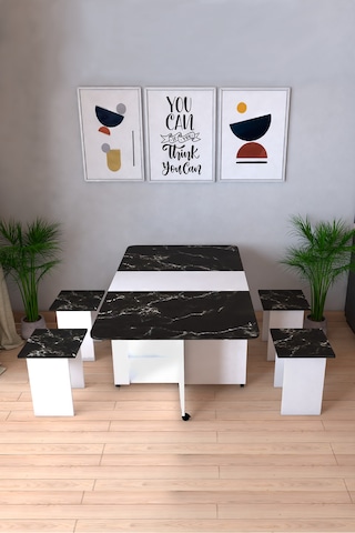 Pratik Katlanır Açılır Kapanır Katlanabilir Taşınabilir Siyah Yemek Masası 4 Kişilik Balkon Masası Siyah Mermer