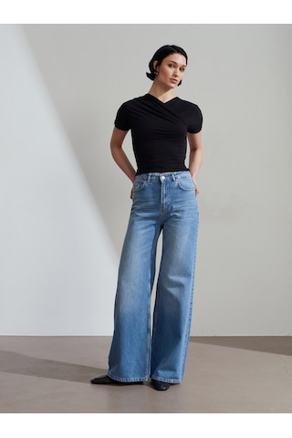 Dilvin 72286 %100 Pamuk Dökümlü Wide Leg Jean-mavi Mavi